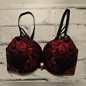 La Senza Black Red Lace Front Close Bra 32DD Underwire